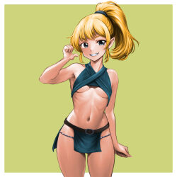 Rule 34 | 1girl, arm at side, bare arms, bare shoulders, blonde hair, breasts, cowboy shot, grin, hand up, highres, loincloth, medium breasts, midriff, minamoto80486, navel, ponytail, ringed eyes, short hair, sidelocks, smile, solo, teeth, thighs, thumbs up, underboob, white eyes, wizardry