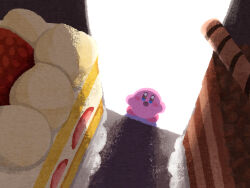 Rule 34 | blue eyes, blush stickers, cake, chocolate cake, food, food focus, fruit, highres, kirby, kirby (series), miclot, nintendo, open mouth, oversized food, oversized object, pink footwear, shelf, shoes, simple background, sparkling eyes, strawberry, strawberry shortcake, wafer stick, whipped cream, white background