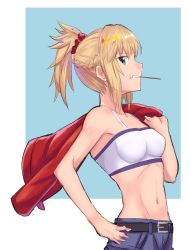 Rule 34 | 1girl, bad id, bad pixiv id, belt, blonde hair, blue background, braid, fate/apocrypha, fate (series), food, food on face, from side, green eyes, hair ornament, hair scrunchie, hand on own hip, highres, jacket, jacket over shoulder, unworn jacket, midriff, mordred (fate), mordred (fate/apocrypha), navel, nyorotono, scrunchie, short hair, short ponytail, shorts, simple background, solo, strapless, tube top, v-shaped eyebrows, white background