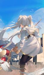 Rule 34 | 1girl, absurdres, capelet, dress, earrings, elf, frieren, highres, holding, holding staff, jewelry, kerno, long hair, long sleeves, mage staff, pointy ears, solo, sousou no frieren, staff, twintails, white capelet, white dress, white hair