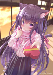 Rule 34 | 1girl, absurdres, animal ears, black hair, black skirt, blurry, blurry background, blush, bow, box, cat ears, cat girl, cat hair ornament, cat tail, center frills, closed mouth, commentary request, depth of field, frills, fringe trim, gift, gift box, hair between eyes, hair ornament, heart-shaped box, highres, holding, holding gift, incoming gift, indoors, long hair, long sleeves, looking at viewer, outstretched arm, pink scarf, plaid, plaid scarf, pleated skirt, purple eyes, red bow, reikira, reikira! (channel), scarf, shirt, skirt, solo, sunset, tail, tail bow, tail ornament, twitter username, valentine, very long hair, virtual youtuber, white shirt, yuyuko (yuyucocco)