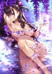 Rule 34 | 1girl, :p, arm behind head, breasts, brown hair, collarbone, double bun, fate/grand order, fate (series), hair between eyes, hair bun, hair ornament, highres, large breasts, long hair, looking at viewer, lying, murasaki shikibu (fate), nude, on back, partially submerged, petals, purple eyes, reclining, sidelocks, solo, sora 72-iro, tongue, tongue out, tsurime, two side up, umbrella, very long hair