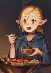 Rule 34 | 1girl, absurdres, alohayuja, blonde hair, blue robe, bow, bowl, braid, choker, commentary, dungeon meshi, eating, elf, food, green eyes, hands up, highres, holding, holding bowl, holding spoon, indoors, long hair, marcille donato, meat, mushroom, open mouth, pointy ears, red bow, red choker, robe, solo, spoon, tareme, teeth, wide sleeves