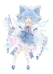 Rule 34 | 1girl, absurdres, adapted costume, ahoge, bandaid, bandaid on knee, bandaid on leg, blue bow, blue eyes, blue footwear, blue hair, bow, cirno, detached sleeves, fang, full body, gohei, hair between eyes, hair bow, highres, holding, holding gohei, japanese clothes, nikorashi-ka, nontraditional miko, open mouth, ribbon-trimmed sleeves, ribbon trim, shoes, short hair, simple background, skin fang, socks, solo, touhou, white background, white sleeves, white socks, wide sleeves
