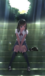 Rule 34 | 1girl, animal, between legs, black hair, blouse, blue eyes, blue socks, blush, bottle, bow, bowtie, cat, colored eyelashes, covering privates, covering crotch, dappled sunlight, fang, hand between legs, highres, kneehighs, knees together feet apart, light rays, loafers, long hair, looking down, murakami suigun, open mouth, original, pleated skirt, school uniform, shade, shirt, shoes, sitting, sitting on stairs, skindentation, skirt, smile, socks, solo, stairs, sunbeam, sunlight, v arms