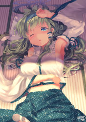 Rule 34 | 1girl, ;o, absurdres, arm up, armpits, bare shoulders, blue eyes, blue hairband, blue skirt, blush, breasts, commentary request, cowboy shot, detached sleeves, frilled shirt collar, frills, green hair, hair tubes, hairband, highres, kemo chiharu, kochiya sanae, large breasts, long sleeves, looking at viewer, lying, midriff, navel, on back, one eye closed, parted lips, sarashi, shadow, shirt, signature, single sidelock, skirt, solo, tatami, touhou, white shirt, wide sleeves