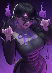 1girl @_@ black_dress black_hair breasts commentary creatures_(company) dress earrings eyelashes game_freak hair_between_eyes hands_up hex_maniac_(pokemon) highres jewelry large_breasts long_hair long_sleeves looking_at_viewer neck_ribbon nintendo pokemon pokemon_legends:_z-a purple_background ribbon solo zetman92