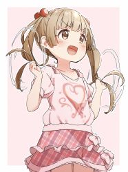 Rule 34 | 1girl, :d, afterimage, blush, bow, brown eyes, brown hair, frilled skirt, frills, hair bobbles, hair ornament, hands up, heart, highres, holding, holding hair, idolmaster, idolmaster cinderella girls, long hair, looking away, open mouth, pink background, pink bow, pink shirt, plaid, plaid skirt, print shirt, puffy short sleeves, puffy sleeves, shirt, short sleeves, sidelocks, skirt, smile, solo, twintails, two-tone background, v-shaped eyebrows, very long hair, white background, yokoyama chika, yukie (kusaka shi)