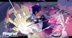 Rule 34 | 1girl, :3, animal ears, black bow, black hair, black shirt, book, bow, cat ears, cat girl, cat tail, collarbone, cropped jacket, diffraction spikes, fish, fishbowl, highres, knifemeigong dao, magic circle, multicolored eyes, official art, paper, phigros, pleated skirt, red eyes, samuelle (mill), shirt, short hair, short sleeves, skirt, slit pupils, smoke, solo, star (symbol), sticky note, tail, tearing up, test tube, yellow eyes