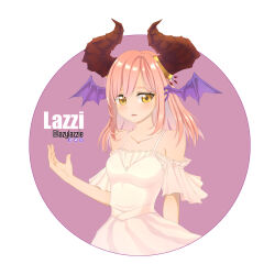 Rule 34 | 1girl, blush, breasts, brown horns, circle, commentary, cowboy shot, demon wings, dress, english commentary, facebook logo, frilled dress, frills, head wings, highres, horns, instagram logo, large horns, lazzi, long hair, looking at viewer, medium bangs, medium breasts, off-shoulder dress, off shoulder, open mouth, pink hair, purple wings, ragnarok online, ragnarok x: next generation, solo, twitter logo, twitter username, white dress, wings, yellow eyes