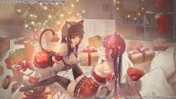 +_+ 2girls :d animal_ear_fluff animal_ears assault_lily bed bell black_footwear black_gloves black_hair black_thighhighs blush bow box breasts cat cat_ears cat_tail christmas christmas_ornaments christmas_stocking christmas_tree christmas_wreath cleavage clenched_hands commentary_request detached_sleeves dress elbow_gloves eye_contact fingerless_gloves from_side fur-trimmed_dress fur-trimmed_sleeves fur_trim gift gift_box gloves hair_bow halter_dress halterneck hands_up indoors jingle_bell kemonomimi_mode kneeling leaning_back long_hair looking_at_another matsumura_fuuka medium_breasts misago_(525) morimoto_yuni multiple_girls neck_bell neck_ribbon no_shoes official_alternate_costume official_art on_bed open_mouth parted_lips profile purple_eyes purple_hair red_bow red_ribbon ribbon santa_costume santa_dress see-through_clothes shoes short_sleeves sidelocks sitting sleeveless sleeveless_dress slice_of_life smile sparkle spread_legs sweatdrop tail thighhighs twintails unworn_shoes very_long_hair watermark white_gloves white_thighhighs wreath zettai_ryouiki