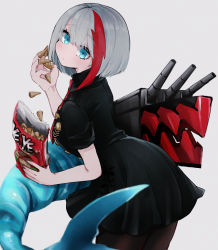 Rule 34 | 1girl, admiral graf spee (azur lane), admiral graf spee (girl&#039;s sunday) (azur lane), azur lane, black dress, black pantyhose, blue eyes, bugles, bugles (food), bugles on fingers, collared shirt, commentary, dress, eating, fins, fish tail, food on hand, from side, grey background, grey hair, kairi630, looking at viewer, multicolored hair, necktie, pantyhose, red necktie, shark tail, shirt, short hair, short sleeves, simple background, solo, streaked hair, tail
