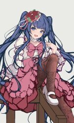 Rule 34 | 1girl, :d, absurdres, blue eyes, blue hair, blush, bow, brown pantyhose, collarbone, flower, furudo erika, grey background, hair flower, hair ornament, hand up, high-waist skirt, highres, juliet sleeves, knee up, long hair, long sleeves, looking at viewer, open mouth, orchid (orukido), pantyhose, pink bow, pink skirt, puffy sleeves, red flower, red rose, rose, shippou (pattern), shirt, shoes, sidelocks, simple background, sitting, skirt, smile, solo, twintails, umineko no naku koro ni, very long hair, white footwear, white shirt, wide sleeves