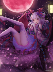 Rule 34 | 1girl, :d, ass, cup, flower, foot out of frame, garter straps, hair flower, hair ornament, head wings, highres, holding, holding cup, japanese clothes, lantern, long hair, looking at viewer, mizuya nao, moon, multicolored hair, night, nova (tcg), official art, open mouth, petals, red hair, red moon, sandals, sitting, smile, solo, two-tone hair, white hair, white legwear, winged footwear, wings