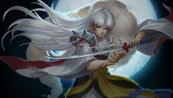 Rule 34 | 1boy, armor, cowboy shot, crescent, facial mark, fingernails, forehead mark, full moon, fur, highres, holding sword, inuyasha, japanese clothes, lips, long hair, looking at viewer, male focus, moon, night, pointy ears, quanshen tang, sesshoumaru, silver hair, sky, solo, star (sky), starry sky, very long hair, yellow eyes