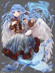 Rule 34 | 1girl, blue hair, character request, copyright notice, dairoku ryouhei, feathered wings, fins, flower, fur-trimmed jacket, fur trim, grey background, hair flower, hair ornament, head fins, highres, jacket, long hair, long sleeves, mermaid, monster girl, official art, open mouth, purple eyes, scarf, skirt, solo, striped clothes, striped skirt, u3 (pixiv832164), vertical-striped clothes, vertical-striped skirt, white wings, wings