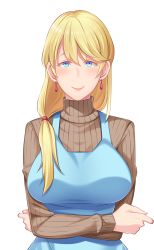 Rule 34 | 1girl, apron, blonde hair, blue eyes, blush, breasts, butcha-u, closed mouth, crossed arms, earrings, emmanuel chabrier, game cg, hair over shoulder, jewelry, kenzen! hentai kouboku no tsutome, large breasts, long hair, looking at viewer, low ponytail, original, pants, ponytail, smile, solo, standing, sweater, transparent background, turtleneck, turtleneck sweater, upper body