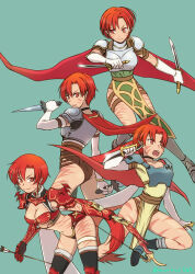 Rule 34 | 1girl, armor, ass, breasts, cape, cleavage, closed mouth, earrings, elbow gloves, facial mark, gloves, jewelry, looking at viewer, medium breasts, natsuki megumi, official alternate costume, open mouth, phia mell, pointy ears, ponytail, red eyes, red hair, short hair, simple background, smile, solo, star ocean, star ocean first departure, tail, weapon, white gloves
