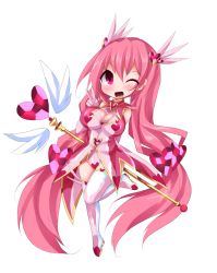 Rule 34 | 1girl, boots, breasts, chibi, cleavage, cleavage cutout, clothing cutout, elbow gloves, full body, gloves, heart cutout, holding, holding staff, large breasts, leotard, long hair, looking at viewer, magical girl, nagai wataru, one eye closed, open mouth, original, pink eyes, pink hair, shiny clothes, smile, solo, staff, thigh boots, thighhighs, transparent background, v