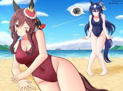 Rule 34 | 2girls, absurdres, animal ears, beach, blue eyes, blue hair, blue sky, ear covers, gentildonna (umamusume), heart, heart ear ornament, highleg, highres, horse ears, horse girl, horse tail, long hair, looking at another, looking at viewer, multiple girls, ocean, one eye closed, outdoors, red eyes, sky, smile, subculture is, tail, tracen swimsuit, umamusume, verxina (umamusume)