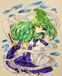 Rule 34 | 1girl, animal, animal on head, bare shoulders, blue eyes, blue skirt, blush, breasts, bright pupils, closed mouth, collared shirt, commentary, cowboy shot, detached sleeves, floating hair, frilled skirt, frills, frog, gohei, green hair, hair tubes, hands up, holding, key747h, kochiya sanae, long hair, long sleeves, medium breasts, on head, painting (medium), shirt, sidelocks, simple background, skirt, sleeveless, sleeveless shirt, smile, smug, snake, solo, touhou, traditional media, v-shaped eyebrows, watercolor (medium), white pupils, white shirt, white snake, wide sleeves