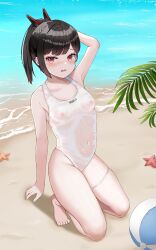 Rule 34 | 1girl, arm behind head, ball, bare shoulders, beach, beachball, black hair, blush, breasts, brown hair, collarbone, covered navel, goddess of victory: nikke, gradient hair, kneeling, multicolored hair, nipples, ocean, one-piece swimsuit, red eyes, sand, short ponytail, skindentation, small breasts, solo, starfish, swimsuit, thigh strap, water, wavy mouth, wet, white one-piece swimsuit, yomining, zwei (nikke)