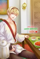 Rule 34 | 1boy, 2016, bad id, bad pixiv id, blonde hair, chair, character name, chawa (sawa), cup, dated, fire emblem, fire emblem fates, food, happy birthday, lamp, leo (fire emblem), male focus, nintendo, open mouth, red eyes, sitting, solo, table, teacup, teeth