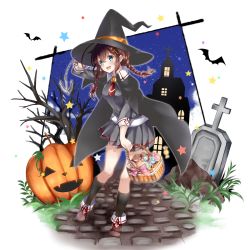 Rule 34 | 1girl, ahoge, alternate costume, bat (animal), black hat, black skirt, black socks, blue eyes, braid, brown footwear, brown hair, candy, cross, food, hair between eyes, halloween, halloween bucket, halloween costume, happy halloween, hat, highres, jack-o&#039;-lantern, kantai collection, latin cross, looking at viewer, mashiro aa, necktie, night, open mouth, pumpkin, red necktie, shigure (kancolle), shigure kai ni (kancolle), shoes, skirt, smile, socks, solo, star (sky), tombstone, tree, trick or treat, twin braids, twintails, witch, witch hat