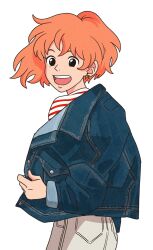Rule 34 | 1girl, :d, aged up, blue jacket, blue pants, book, brown hair, cardigan, casual, character request, check character, check copyright, copyright request, cowboy shot, denim, denim jacket, earrings, from behind, gake no ue no ponyo, hand up, highres, holding, holding book, jacket, jeans, jewelry, long sleeves, looking at viewer, looking back, mimi wo sumaseba, open mouth, orange hair, pants, ponyo, ponytail, rikaco1988, shirt, shirt tucked in, short hair, simple background, smile, solo, striped clothes, striped shirt, tsukishima shizuku, unbuttoned, undressing, waving, white background, white pants, white shirt