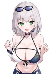 Rule 34 | 1girl, breasts, green eyes, grey hair, highres, hirayu721, hololive, large breasts, looking at viewer, medium hair, open mouth, shirogane noel, simple background, smile, solo, swimsuit, virtual youtuber