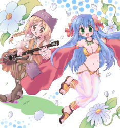 Rule 34 | 1boy, 1girl, :d, bad id, bad pixiv id, bikini, blonde hair, blue hair, boots, bow, braid, braided ponytail, brown coat, brown eyes, brown footwear, brown pants, bun cover, clown (ragnarok online), coat, commentary request, detached sleeves, deviruchi hat, double bun, flower, full body, green eyes, guitar, gypsy (ragnarok online), hair between eyes, hair bow, hair bun, hat, hizukiryou, holding, holding instrument, instrument, jewelry, long hair, looking at viewer, navel, necklace, open mouth, pantaloons, pants, ragnarok online, red bow, red sleeves, sandals, see-through, shirt, sleeveless, sleeveless coat, smile, strapless, strapless bikini, swimsuit, white background, white flower, white pants, white shirt, yellow bikini