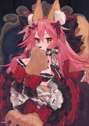 Rule 34 | 1girl, animal ear fluff, animal ears, animal hands, bell, black ribbon, blush, breast tattoo, breasts, cat paws, collar, dress, fate/grand order, fate (series), fox ears, fox girl, fox tail, gloves, hair ribbon, heart, heart tattoo, highres, jingle bell, large breasts, long hair, looking at viewer, megane poni, neck bell, paw gloves, red dress, ribbon, solo, tail, tamamo (fate), tamamo cat (fate), tattoo, very long hair