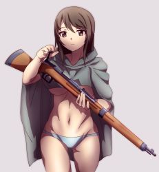 Rule 34 | 1girl, 9s0ykoyama117, abs, absurdres, blue panties, bolt action, breasts, brown eyes, brown hair, closed mouth, cowboy shot, frown, girls und panzer, grey background, grey cloak, gun, highres, hood, hood down, large breasts, long hair, mika (girls und panzer), mosin-nagant, navel, nearly naked cape, no bra, no headwear, no pants, panties, rifle, simple background, solo, standing, arisaka, underwear, weapon