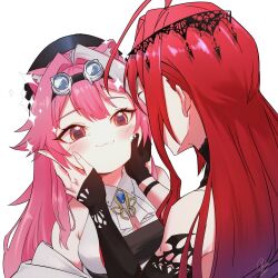 2girls :3 ahoge animal_ears ascot beret black_hat black_sleeves blue_gemstone blush breasts cleavage closed_mouth coat collared_shirt commentary detached_sleeves elizabeth_rose_bloodflame elizabeth_rose_bloodflame_(1st_costume) eyeshadow gem goggles goggles_on_head hair_intakes hands_on_another&#039;s_cheeks hands_on_another&#039;s_face hat highres hololive hoodboy49009174 large_breasts long_hair makeup multicolored_hair multiple_girls panther_ears panther_girl pink_eyeshadow pink_hair raora_panthera raora_panthera_(1st_costume) red_hair shirt signature simple_background single_detached_sleeve sleeveless sleeveless_shirt smile sparkle streaked_hair virtual_youtuber white_ascot white_background white_coat white_hair white_shirt yellow_eyes