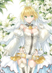 Rule 34 | 10s, 1girl, ahoge, bad id, bad pixiv id, belt, blonde hair, breasts, bridal veil, chain, cleavage, cowboy shot, detached collar, detached sleeves, fate/extra, fate/extra ccc, fate (series), floral background, flower, garter straps, gloves, gluteal fold, green eyes, hair intakes, leotard, lily (flower), lock, looking at viewer, medium breasts, nero claudius (bride) (fate), nero claudius (bride) (second ascension) (fate), nero claudius (fate), nero claudius (fate) (all), short hair, smile, solo, standing, thighhighs, veil, wataame27, white gloves, white leotard, white thighhighs, wreath, zipper, zipper pull tab