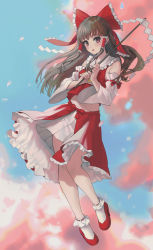Rule 34 | 1girl, absurdres, alternate costume, bow, brown eyes, brown hair, cloud, cloudy sky, flying, hair bow, hair ribbon, hakurei reimu, highres, holding, holding wand, huge filesize, kir (khw66136132), long hair, looking at viewer, open mouth, red bow, red footwear, red skirt, ribbon, shoes, skirt, sky, socks, solo, touhou, wand