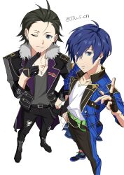 Rule 34 | 2boys, artist name, belt, belt buckle, belt chain, black coat, black footwear, black gloves, black hair, black pants, blue eyes, blue hair, blue jacket, boots, buckle, closed mouth, coat, cosplay, cross, cross-laced footwear, cross necklace, earrings, ensemble stars!, fingerless gloves, from above, full body, fur-trimmed coat, fur trim, gloves, green belt, grey shirt, hair over one eye, hair slicked back, hakaze kaoru, hakaze kaoru (cosplay), hand on own hip, hand up, highres, index finger raised, jacket, jewelry, joowon (jju oon), lace-up boots, lapel pin, lapels, long sleeves, looking at viewer, male focus, mochizuki ryouji, mole, mole under eye, multiple boys, name connection, necklace, one eye closed, open clothes, open coat, open jacket, pants, parted lips, persona, persona 3, plaid, shirt, short hair, simple background, smile, standing, star (symbol), star necklace, stud earrings, torn clothes, torn pants, twitter username, v-neck, white background, white shirt, yuuki makoto (ensemble stars!), yuuki makoto (ensemble stars!) (cosplay), yuuki makoto (persona 3)