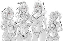 Rule 34 | 4girls, abs, absurdres, blush, breasts, character request, copyright request, groin, hand on own stomach, highres, horns, large breasts, looking at viewer, medium breasts, miniskirt, monochrome, multiple girls, navel, necktie, no pants, nym+ (nymplus), one eye closed, panties, sketch, skindentation, skirt, sports bra, twitter username, underwear, white background