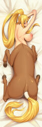 Rule 34 | 1girl, absurdres, animal ears, arms up, ass, back, bandaged tail, bed sheet, blonde hair, blue eyes, breasts, centaur, centorea shianus, closed mouth, commentary, completely nude, dakimakura (medium), full body, hair between eyes, highres, horse ears, horse tail, jotun22, large breasts, long hair, lying, monster girl, monster musume no iru nichijou, multiple legs, nipples, nude, on stomach, pointy ears, ponytail, shadow, sidelocks, solo, tail, taur, very long hair