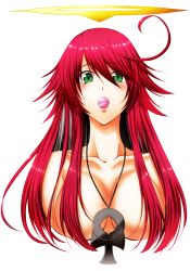Rule 34 | 1girl, ahoge, an&#039;no natsume, breasts, candy, collarbone, spiked halo, eyes visible through hair, food, green eyes, guilty gear, hair censor, halo, highres, jack-o&#039; valentine, jewelry, large breasts, lollipop, long hair, mouth hold, necklace, nude, pendant, red hair, solo, upper body