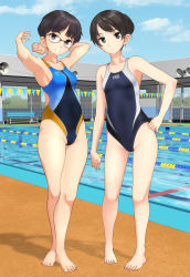 Rule 34 | 2girls, absurdres, alternate color, androgynous, armpits, arms behind back, black-framed eyewear, black eyes, black hair, black one-piece swimsuit, blue sky, cloud, collarbone, commentary request, competition swimsuit, day, full body, glasses, hand on own hip, highres, looking at viewer, multicolored clothes, multicolored swimsuit, multiple girls, navel, one-piece swimsuit, original, outdoors, parted lips, pool, short hair, sky, standing, swimsuit, takafumi, very short hair