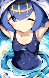 Rule 34 | 1girl, aloe (kenkou3733), armpits, blue eyes, blue hair, breasts, collarbone, creatures (company), game freak, hair ornament, hairband, highres, lana (pokemon), light blush, looking at viewer, nintendo, one-piece swimsuit, one eye closed, pokemon, pokemon sm, short hair, small breasts, solo, swimsuit, undressing, unworn clothes, water, yellow hairband