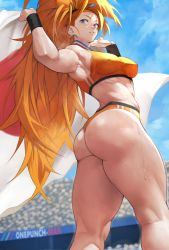 Rule 34 | 1girl, abs, absurdres, ass, bare shoulders, blue sky, breasts, captain mizuki, day, earrings, from below, highres, huge ass, jewelry, large breasts, long hair, looking at viewer, looking back, muscular, muscular female, muscular legs, one-punch man, orange hair, orange panties, orange sports bra, panties, ponytail, purple eyes, sky, solo, sports bikini, sports bra, thick thighs, thighs, underwear, very long hair, wristband, yoshio (55level)