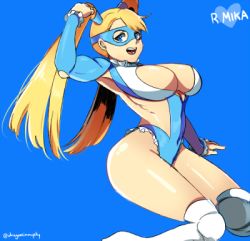 Rule 34 | 1girl, blonde hair, blue background, blue eyes, blue leotard, boots, breasts, capcom, jumping, knee boots, large breasts, leotard, long hair, long sleeves, looking at viewer, lowres, mask, open mouth, rainbow mika, smile, street fighter, street fighter v, teeth, twintails, white footwear, white leotard