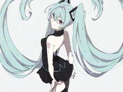 Rule 34 | 1girl, aqua hair, backless dress, backless outfit, bare shoulders, black shirt, black skirt, crypton future media, dress, eiku, eyes visible through hair, floating hair, from behind, hair between eyes, halterneck, hatsune miku, long hair, looking at viewer, looking back, piapro, pleated skirt, purple eyes, shirt, skirt, sleeveless, sleeveless shirt, smile, solo, tattoo, thighhighs, twintails, very long hair, vocaloid, zettai ryouiki