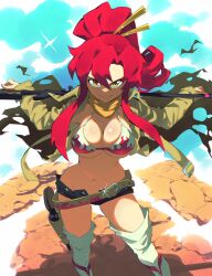 Rule 34 | 1girl, aetherion, belt, bikini, bikini top only, bikini under clothes, breasts, cleavage, groin, gun, hair ornament, highres, jacket, large breasts, long hair, navel, no shirt, open clothes, open jacket, ponytail, red hair, scarf, short shorts, shorts, smile, solo, swimsuit, tengen toppa gurren lagann, thighhighs, weapon, yellow eyes, yoko littner