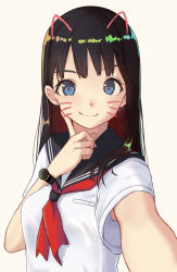 Rule 34 | &gt;:), 1girl, animal ears, beige background, black hair, black sailor collar, blue eyes, breasts, closed mouth, commentary request, drawn whiskers, earrings, face filter, fake animal ears, fake whiskers, hand up, highres, itachi kanade, jewelry, long hair, multicolored hair, original, outstretched arm, reaching, reaching towards viewer, red hair, red neckwear, sailor collar, school uniform, selfie, serafuku, shirt, short sleeves, simple background, small breasts, smile, solo, stud earrings, two-tone hair, upper body, v-shaped eyebrows, watch, white shirt, wristwatch