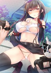 Rule 34 | 1girl, arm warmers, bad id, bad pixiv id, bare shoulders, belt, black hair, black skirt, black thighhighs, blue sky, blurry, blush, breasts, building, camera, cellphone, cleavage, clothes lift, collarbone, cosplay, covered erect nipples, crop top, crotchless, crotchless panties, day, final fantasy, final fantasy vii, fingerless gloves, gloves, gluteal fold, hand up, hirari, holding, holding camera, large breasts, long hair, looking at viewer, midriff, miniskirt, mole, mole under eye, navel, original, outdoors, panties, parted lips, phone, purple footwear, pussy, red eyes, red gloves, shirt, shoes, sidelocks, skirt, skirt lift, sky, smartphone, socks, solo focus, spread legs, squatting, suspenders, sweat, taking picture, tank top, tearing up, thighhighs, tifa lockhart, tifa lockhart (cosplay), torn clothes, tree, underwear, wavy mouth, wet, white shirt
