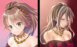 Rule 34 | 1girl, bracelet, breasts, brown hair, chibi, dancer, green eyes, jewelry, long hair, looking at viewer, lowres, necklace, octopath traveler, octopath traveler i, ponytail, primrose azelhart, simple background, smile, solo, yuzuponza