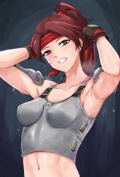 Rule 34 | 1girl, armor, armpits, black background, black gloves, blush, boobplate, breastplate, breasts, brown eyes, brown hair, collarbone, commentary request, earrings, fang, final fantasy, final fantasy vii, final fantasy vii remake, glint, gloves, grin, hair tie, hands up, head tilt, headband, high ponytail, highres, impossible armor, jessie rasberry, jewelry, long hair, looking at viewer, medium breasts, midriff, navel, nonoririn, parted bangs, ponytail, red headband, shoulder armor, simple background, smile, solo, square enix, steam, stud earrings, sweat, tying headband, upper body, water drop